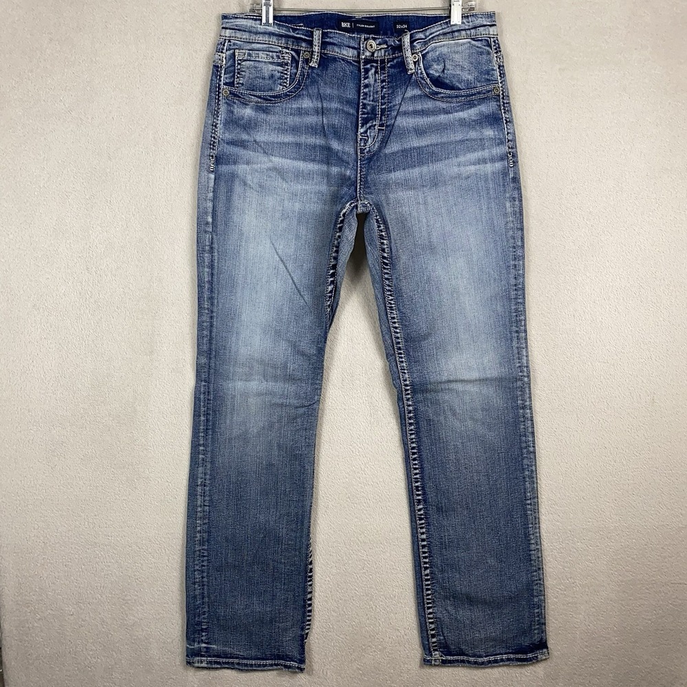 BKE Tyler Straight Jeans Men's 34x33Blue Medium Wash Faded Denim Whiskering